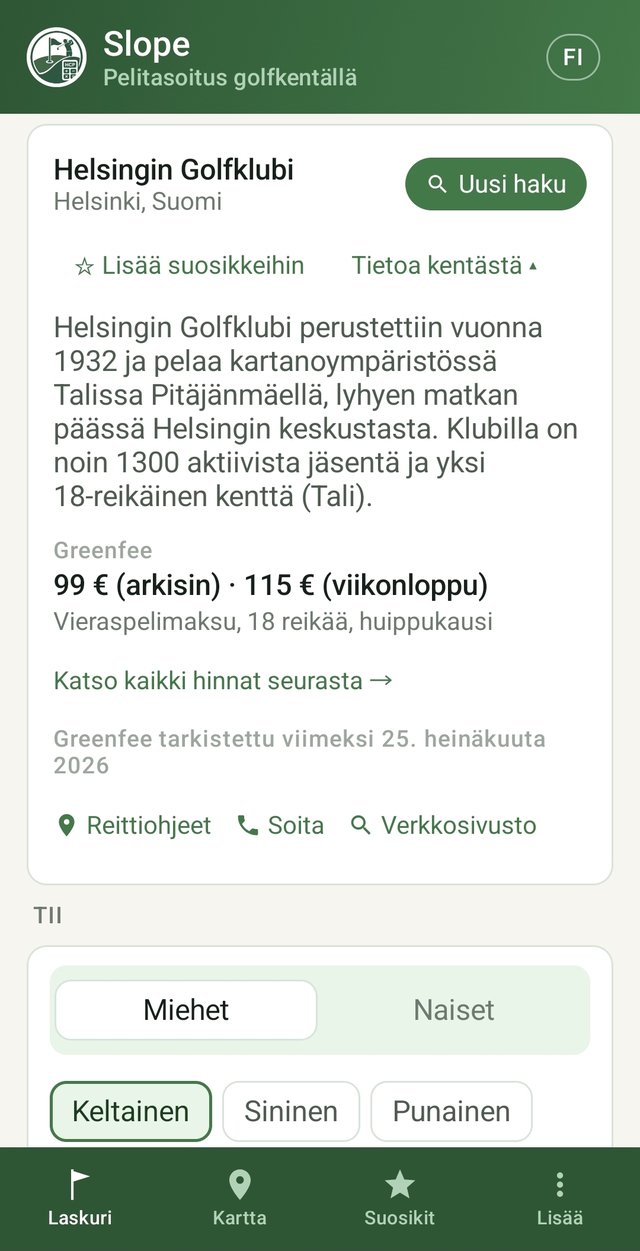 Greenfee-hinnat Slope-sovelluksessa