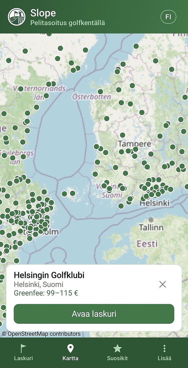 Kenttäkartta Slope-sovelluksessa – kaikki Pohjoismaiden kentät