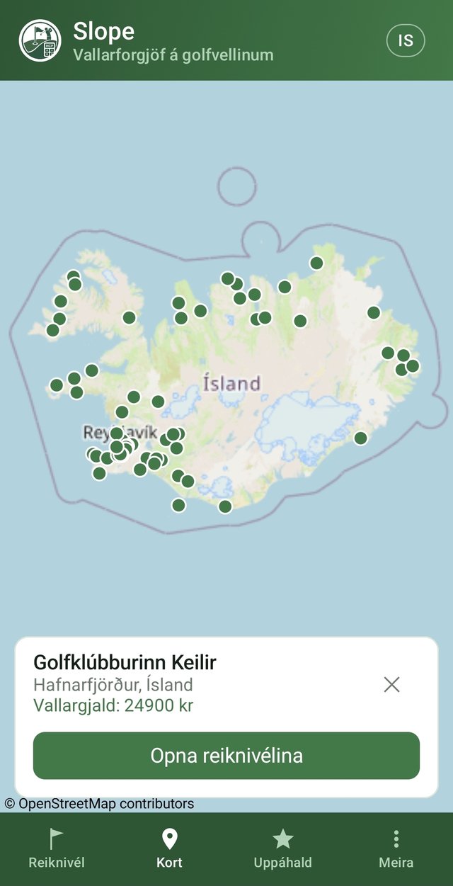 Vallakortið í Slope-appinu – allir vellir á Norðurlöndum